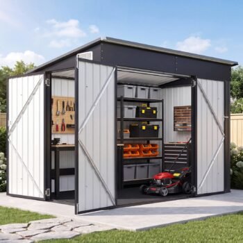 7.5'x4' Outdoor Storage Shed with 3 Lockable Doors & 14mm PP Floor | 7.5x4 FT Metal Garden Shed with Floor, Outdoor Storage Cabinet with Sloping Roof for Backyard, Black