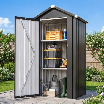 Vertical Metal Tool Cabinet 2.5x2FT, 21 Cu.Ft Weatherproof Outdoor Storage Shed with Floor & Adjustable Shelves, Space-Saving Design for Garden, Garage, Patio