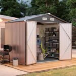 7.3'x5.3' Shed with Floor Galvanized Steel Outdoor Storage Shed Brown | Metal Garden Shed with Double Doors, Moisture-Proof Floor & Ventilation, Sloped Roof for Garden, Patio, Backyard