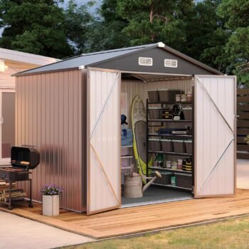 7.3'x5.3' Shed with Floor Galvanized Steel Outdoor Storage Shed Brown | Metal Garden Shed with Double Doors, Moisture-Proof Floor & Ventilation, Sloped Roof for Garden, Patio, Backyard