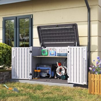 Outdoor Storage Cabinet 35 Cu.Ft Resin Waterproof Horizontal Storage Shed for Garbage Bin, Generator, and Lawn Mower (White)