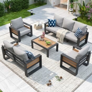 Aluminum Patio Furniture Set, 5 Piece Luxury Outdoor Sectional with 6" Olefin Fabric Cushions, patio Conversation Sets with Coffee Table and Waterproof Cover for Backyard, Porch Dark Grey