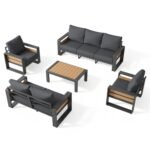 Aluminum Patio Furniture Set, 5 Piece Luxury Outdoor Sectional with 6" Olefin Fabric Cushions, Patio Conversation Sets with Coffee Table and Waterproof Cover for Backyard, Porch Dark Grey