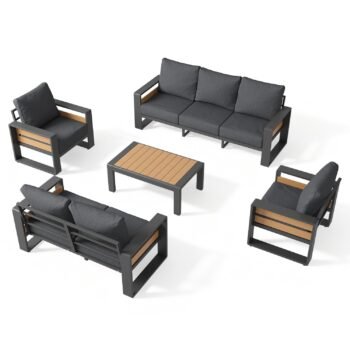 Aluminum Patio Furniture Set, 5 Piece Luxury Outdoor Sectional with 6" Olefin Fabric Cushions, Patio Conversation Sets with Coffee Table and Waterproof Cover for Backyard, Porch Dark Grey
