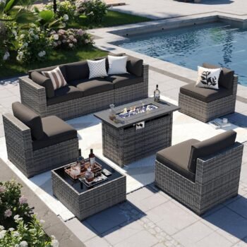 Patio Furniture Set 7-Piece with Umbrella / Fire Pit