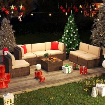 7 Pieces Outdoor Sectional Wicker Sofa Set with Waterproof Cushion, 2 Pillows and Glass Table, Brown