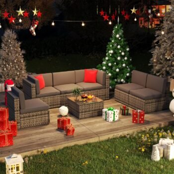 7 Pieces Wicker Patio Sofa Sets with Washable Cushions & Glass Coffee Table, Grey