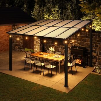 Outdoor Hardtop Gazebo for Patio 10' x 12', Wall-Mounted Lean to Gazebo Pergola with Roof
